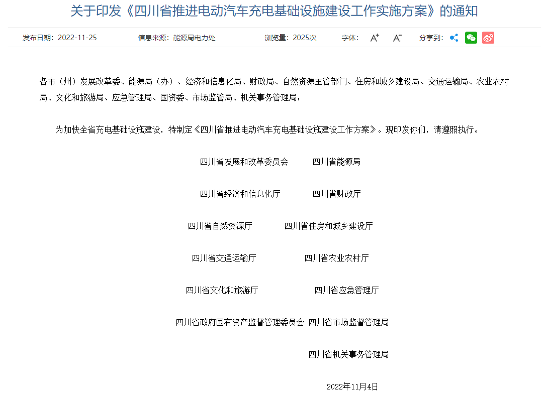 四川省推进电动汽车充电基础设施建设 工作方案